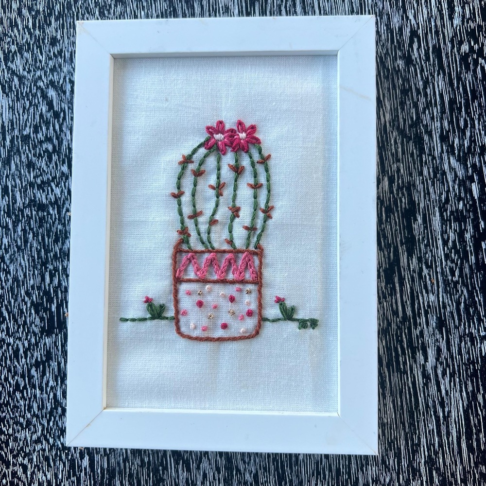 Sweet‎ hand embroidered cactus flower framed